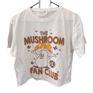 Brisco Mushroom Fan Club T Shirt L White Crew Short Sleeve Graphic Print Cropped